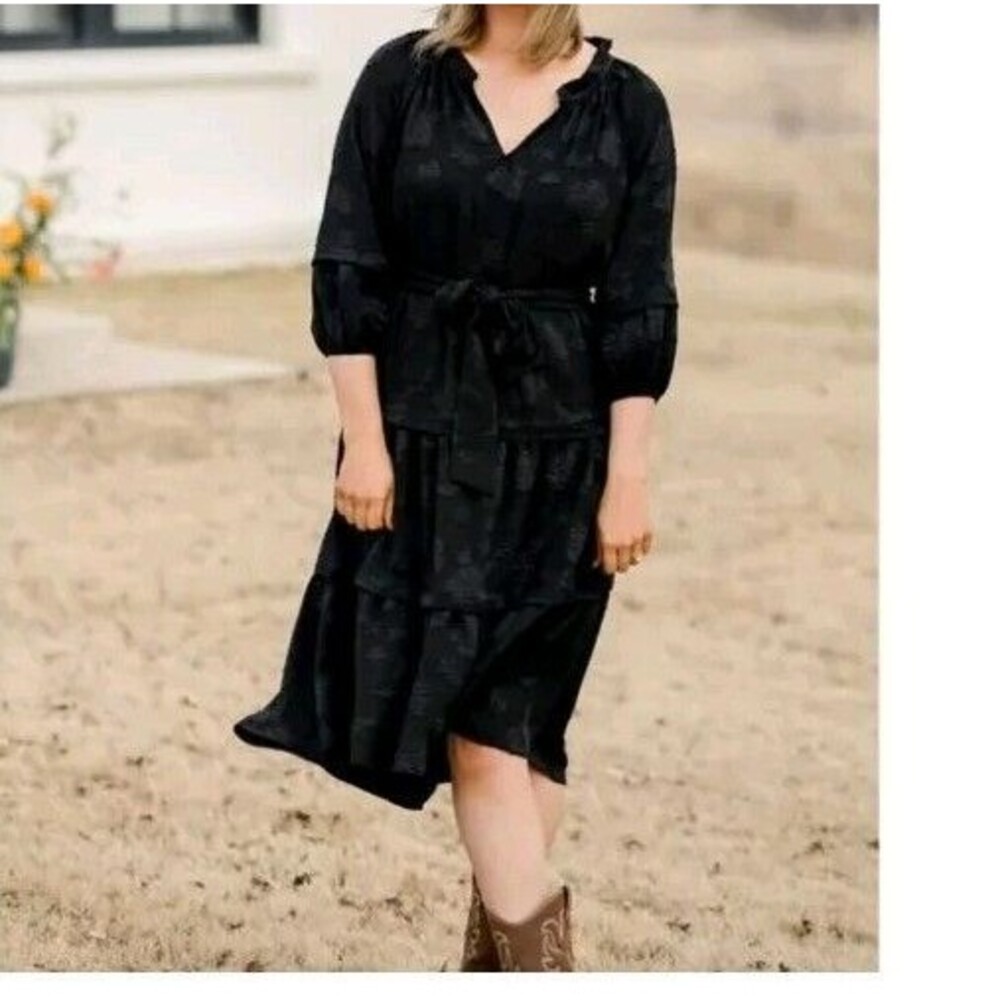 ! Tiered Midi Ruffle Jacquard Print Dress Large Black 3/4 Sleeves - Picture 9 of 11